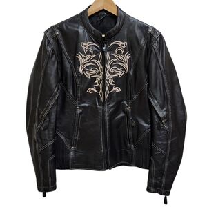 Milwaukee Leather Jacket Womens M Black Beige Embroidered Biker Moto Conceal Zip